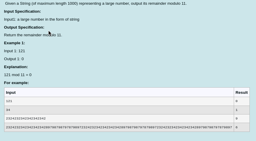 remainder modulo 11
